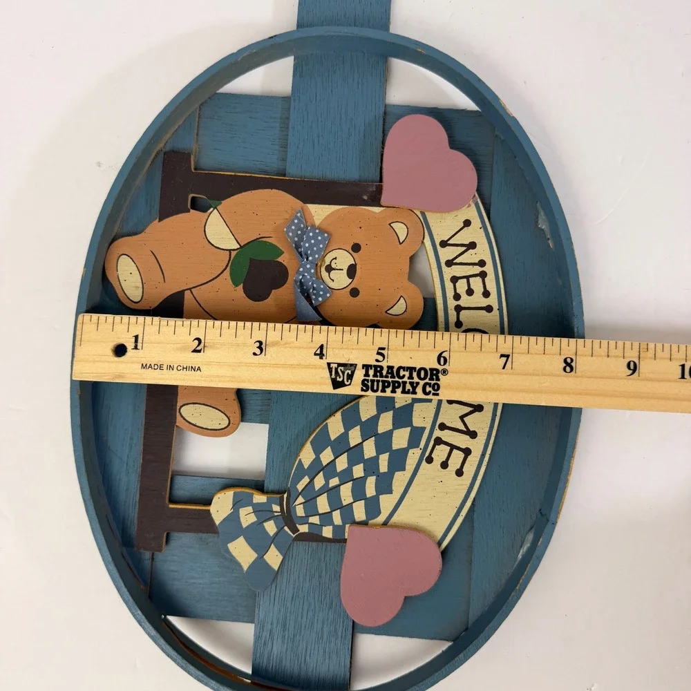 Vintage Teddy Bear Welcome Wood Wall Plaque 80s Country Primitive Cottage Decor